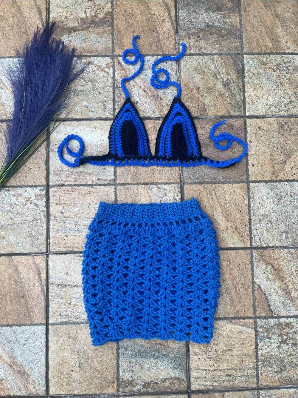 Handmade Crochet 2-Piece Set | Ocean Blue & Black Bralette Top + Waffle Stitch